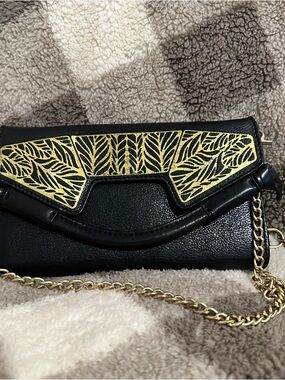 Foley + Corinna Black and Gold Leaf-Accent Chain Shoulder Bag
